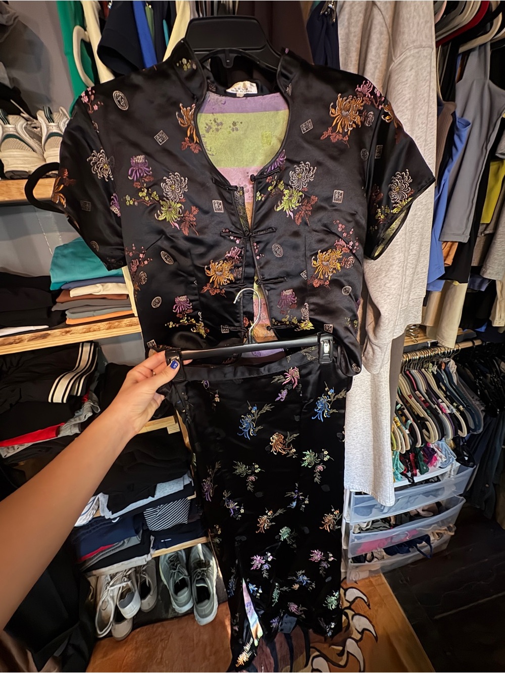 Black Floral Satin Cheongsam-Inspired Dress